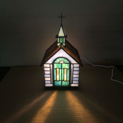 Bieye L12008 Christian Church Tiffany Style Stained Glass Table Lamp (Blue Chruch)
