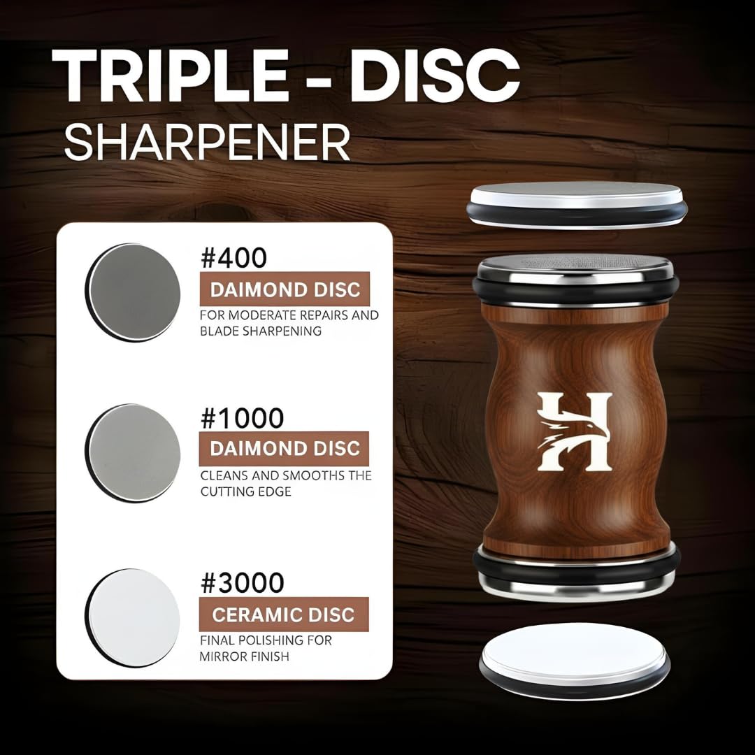 4 Angles High Carbon Stainless Steel Rolling Knife Sharpener with 400, 1000 & 3000 Replacement Discs - Blunt Knife Sharpening Kit with 12°, 15°, 20°, and 25° Sharpening for Kitchen & Chef's Knives