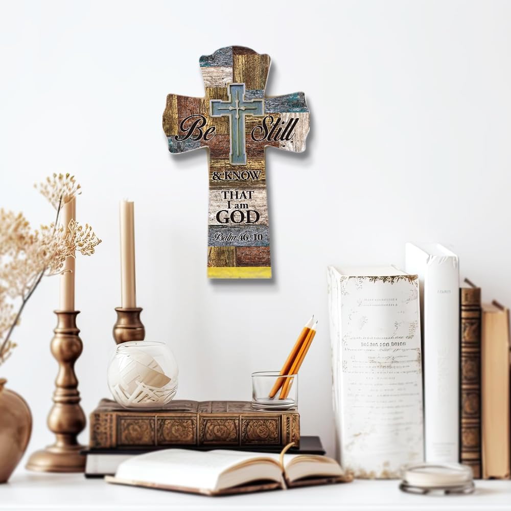 Qswo Wood Cross for Wall,Be Still and Know That I AM God Wooden Cross for Christian Home Room Shelf Wall Decor