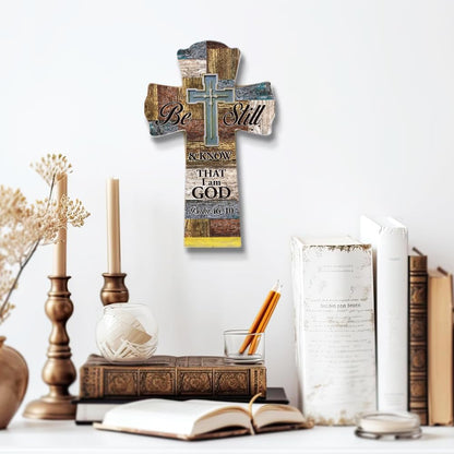 Qswo Wood Cross for Wall,Be Still and Know That I AM God Wooden Cross for Christian Home Room Shelf Wall Decor