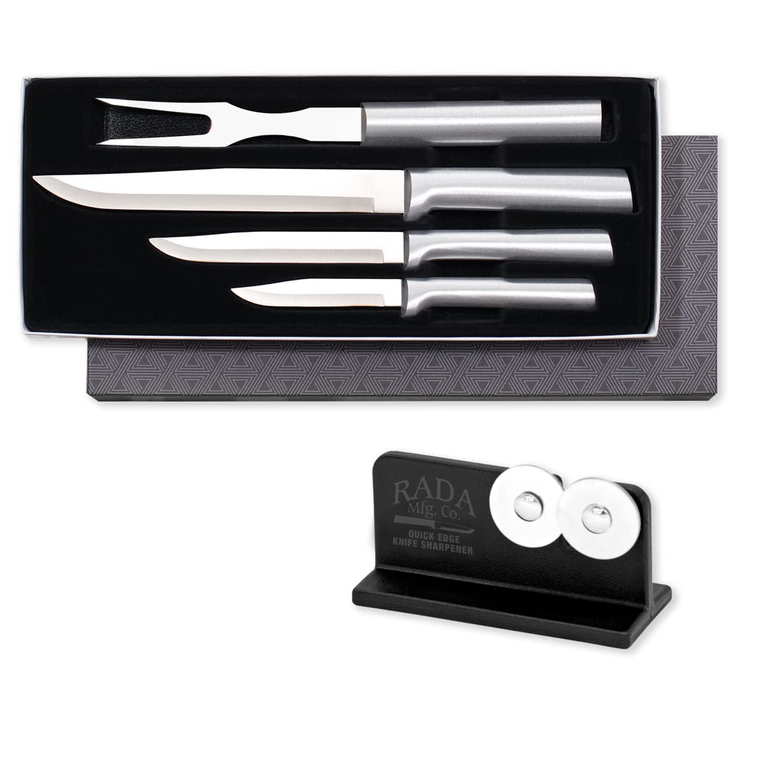 Rada Cutlery Prepare Then Carve Gift Set (S3C) with Quick Edge Sharpener (R119), 4-Piece Knife Set and Knife Sharpener, Stainless Steel Blades, Silver Handle