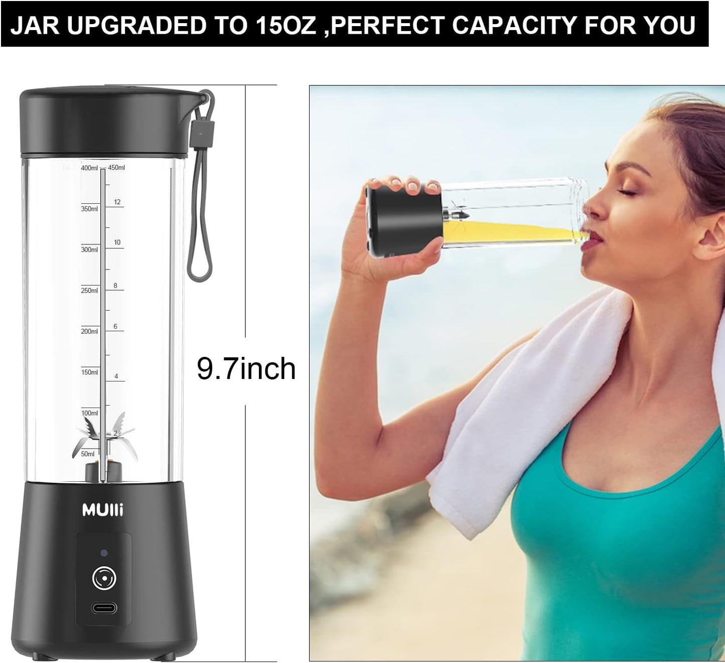 Mulli Portable Blender, 15oz Mini for Fruit Smoothies and Shakes, USB Rechargeable Mixer for Baby Food, Gym, Travel