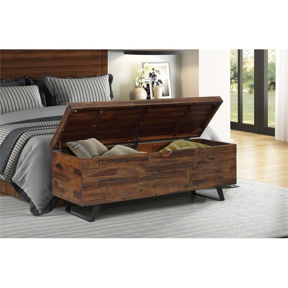 MAKLAINE Broadmore Rectangular Acacia Wood Storage Trunk, 46 in Top, Brown Finish, Black Metal Legs, Hinged Lid, Versatile Coffee Table or Entryway Storage for Living Room or Bedroom