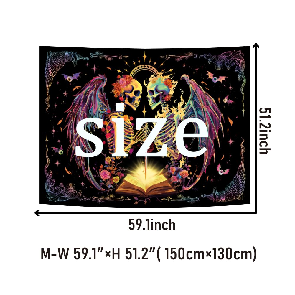 Heopapin Blacklight Trippy Skull Tapestry UV Reactive Gothic Skeleton Wall Hanging Tapestries Fantasy Neon Wing Glow in the Dark Party Poster Magical Galaxy Space Tapestry for Bedroom