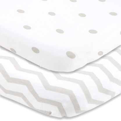 Cuddly Cubs Pack and Play Sheets Fitted – for Graco Pack n Play Playard – 2 Pack – Snuggly Soft Jersey Cotton Mini Crib Mattress Sheets Set for Baby Boy, Girl – Grey Polka Dots, Chevron