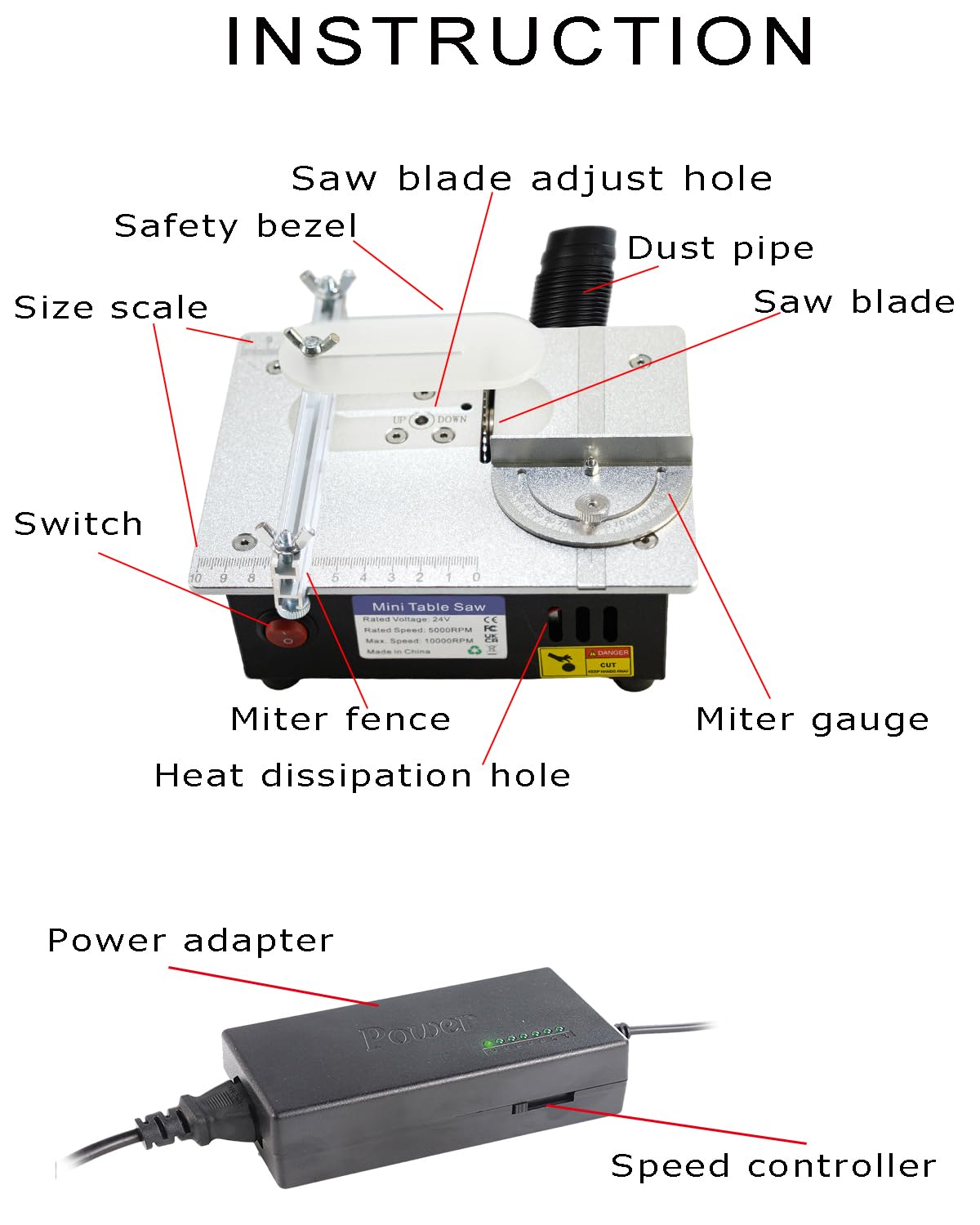 Mini Table Saw, RTOVZON 96W Mini Desktop Electric Saw Cutter 7.1"x5.5", Cut Thickness Adjustable Precision Craft Table Saw with Speed & Angle Adjust 4* Blades, Available for Wood/PCB/Acrylic/Plastic