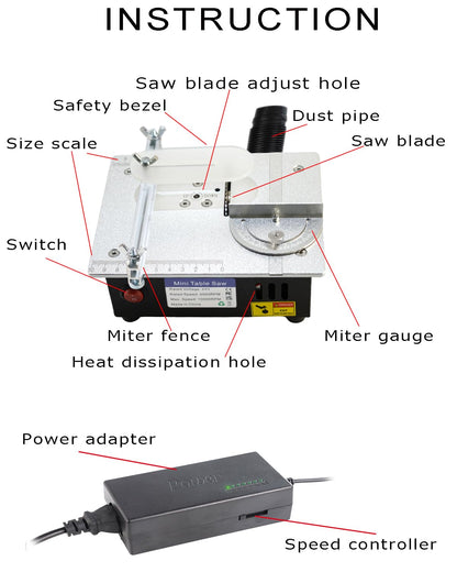 Mini Table Saw, RTOVZON 96W Mini Desktop Electric Saw Cutter 7.1"x5.5", Cut Thickness Adjustable Precision Craft Table Saw with Speed & Angle Adjust 4* Blades, Available for Wood/PCB/Acrylic/Plastic
