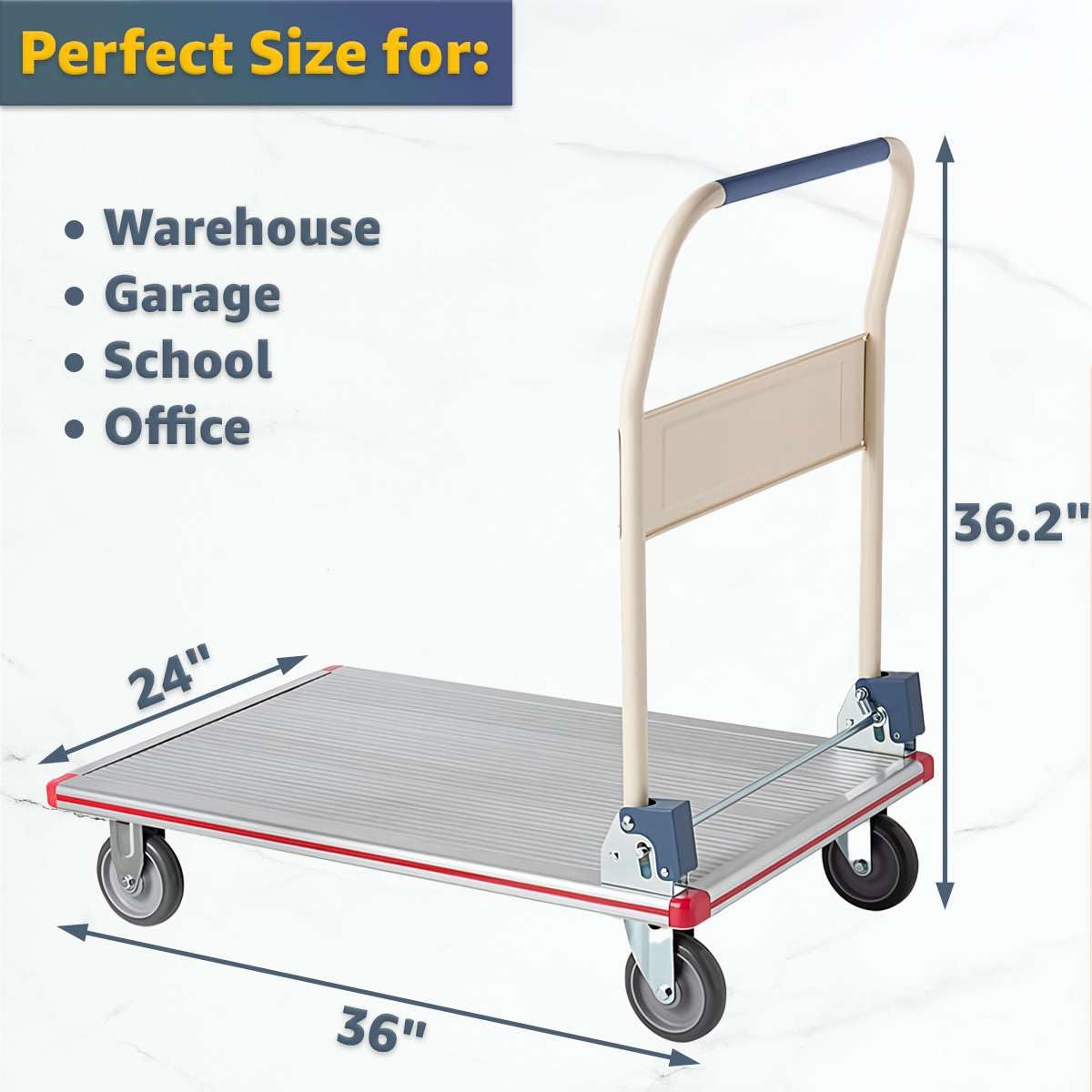 Aluminum Platform Truck 660 lb Capacity - Heavy-Duty Cart with Folding Handle, 5″ TPR Casters & Corner Protectors - 24″ x 36″ Utility Dolly for Warehouse, Shop, Office, Silver