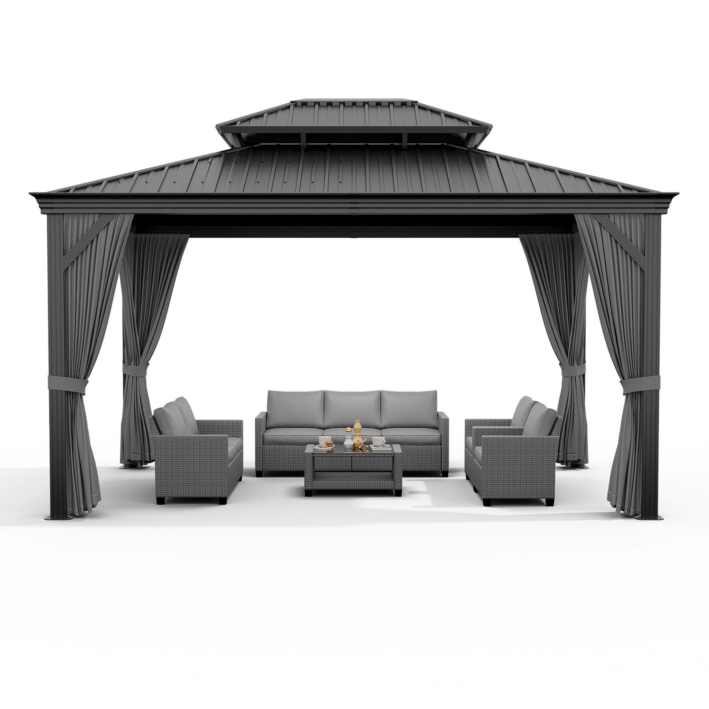 IDEALHOUSE 12x14 ft Hardtop Gazebo with Double Metal Roof, Permanent All-Weather Pavilion with Iron Frame, Netting and Privacy Curtains for Patio, Garden, Black & Gray