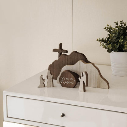 【He is Risen】Empty Tomb Scene Spring Easter Decorations, Jesus Nativity Resurrection Figurines Set With Wooden Cross For Home, Office, Table, Shelf, Mantle Decor – Christian Catholic Religious Gifts