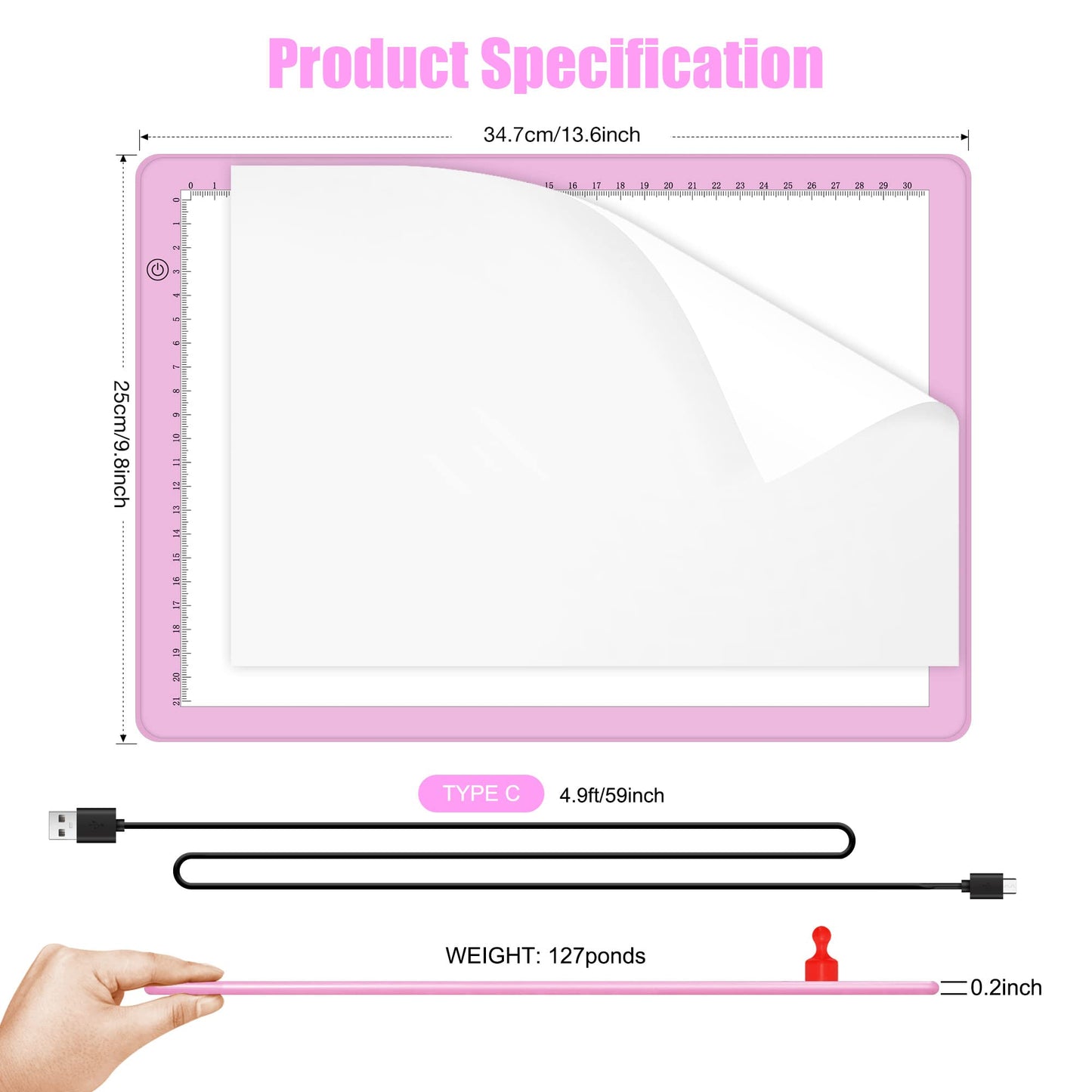 comzler A4 LED Light Board, 3 Level Dimmable Brightness USB Power Artcraft Light Table for Tracing, Light Drawing Sketch Pad for Animation, Sketching, Drawing, Stenciling, Artists - Pink