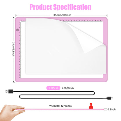 comzler A4 LED Light Board, 3 Level Dimmable Brightness USB Power Artcraft Light Table for Tracing, Light Drawing Sketch Pad for Animation, Sketching, Drawing, Stenciling, Artists - Pink