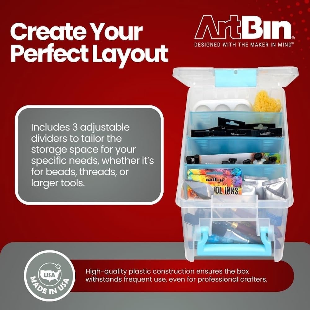 ArtBin 6925AA Semi Satchel with Removable Dividers, Portable Art & Craft Organizer with Handle, [1] Plastic Storage Case, Clear with Aqua Accents