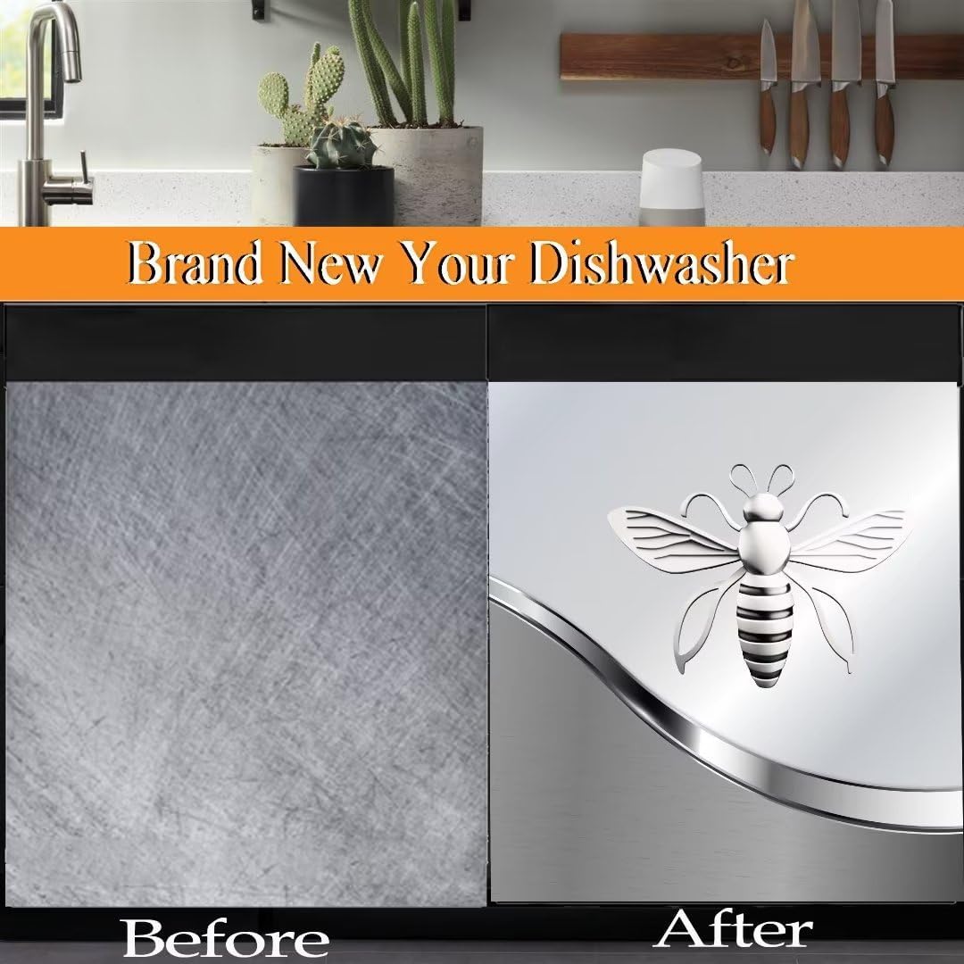 Dishwasher Magnet Cover Kitchen Decor, Silver Stainless Steel Bee Pattern Vinyl Decal, 23 W x 26 H