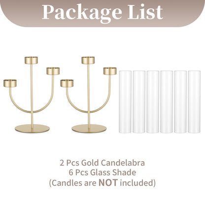 Sziqiqi Gold Candelabra for Wedding Centerpiece: 3 Arm Candle Holders with Cylinder for Taper Candle Stick - Metal Candlestick Holders Set of 2 for Christmas Engagement Table Decor
