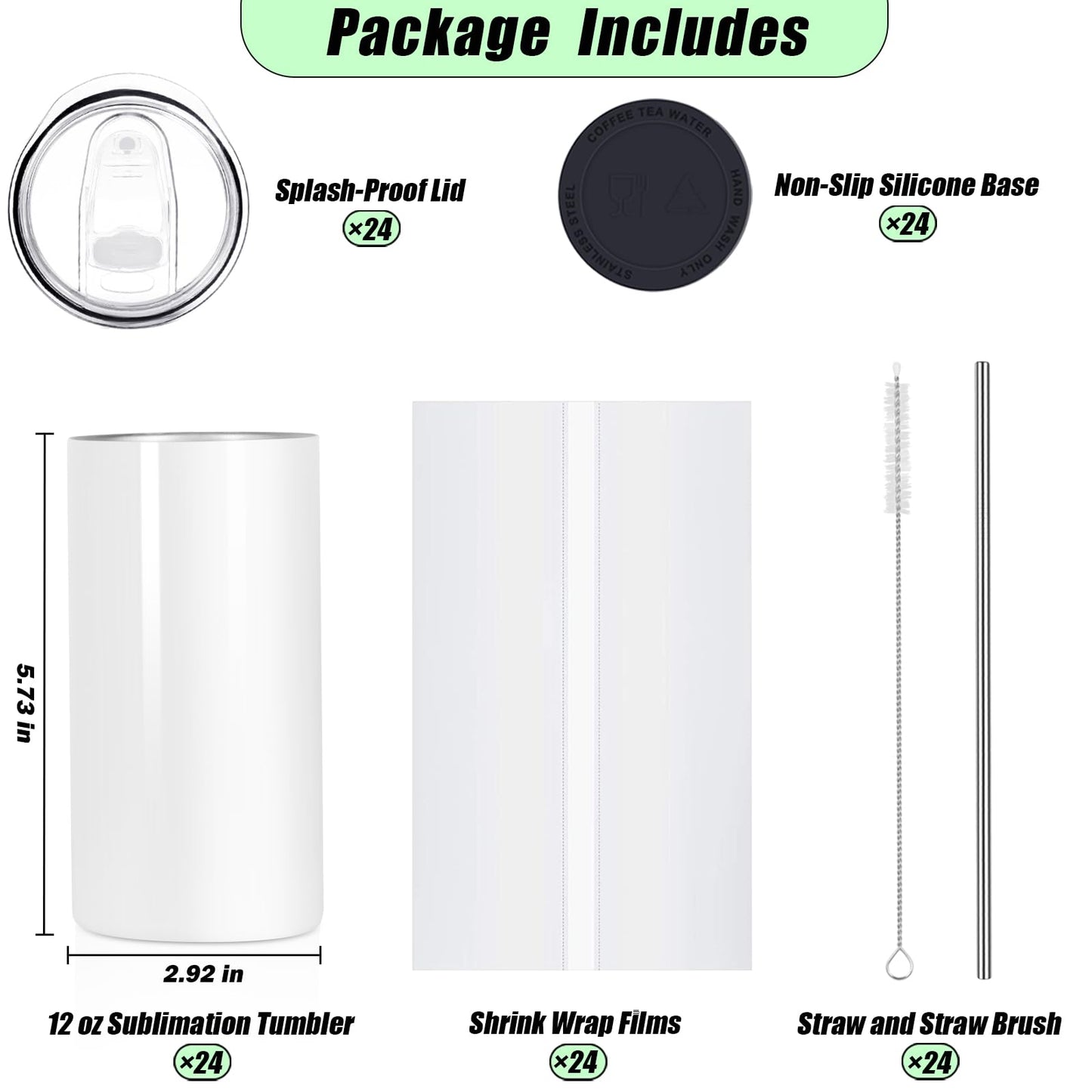 Draheri 12 Oz Sublimation Tumblers Blanks Bulk, Sublimation Cups for Kid with Straw and Brush, Stainless Steel Double Wall Insulated Mugs, Individually Boxed (24 Pack)