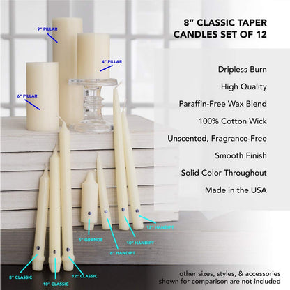 Colonial Candle Unscented Taper Candle, Classic Collection, Black, 8 In, Pack of 12 - Up to 6 Hours Burn