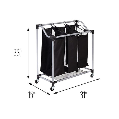 Honey-Can-Do Triple Laundry Sorter with Mesh 3 Bags, Steel/Black, 30.75" x 15" x 32.75"