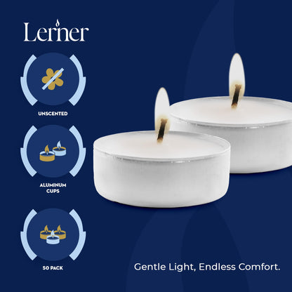 Lerner Tealight Candles, 50 Count| 8 Hours Long-Burning White Tea Light Candles| Non-Toxic, Smokeless & Soot-Free Tea Light Warmer Candles | Unscented Party, Décor, Shabbat Tea Candles