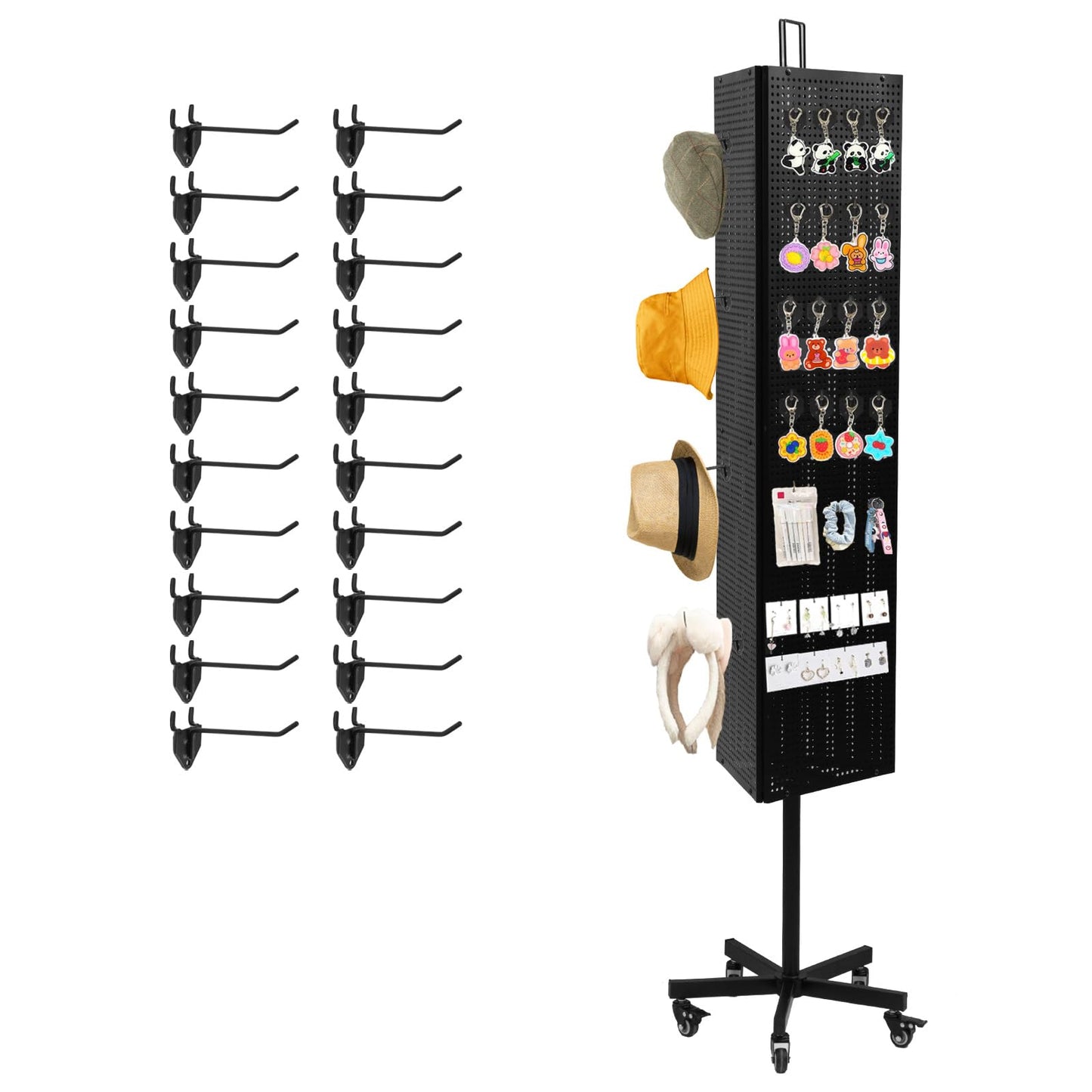 NectaCol Triangular Metal Pegboard Panels Display with Base and Pole, Black Pegboard Display Stand with Wheels, Jewelry Display Rack, Art Display Stand, Extra 20 pieces Hooks