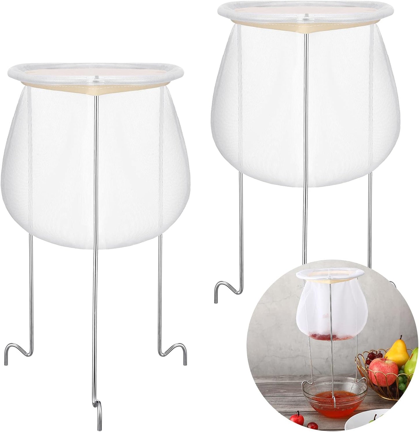 2 Pack White and Silver Jelly Strainer Stand with Bag Reusable Jelly Filter Bags for Straining Stainless Steel Sieve