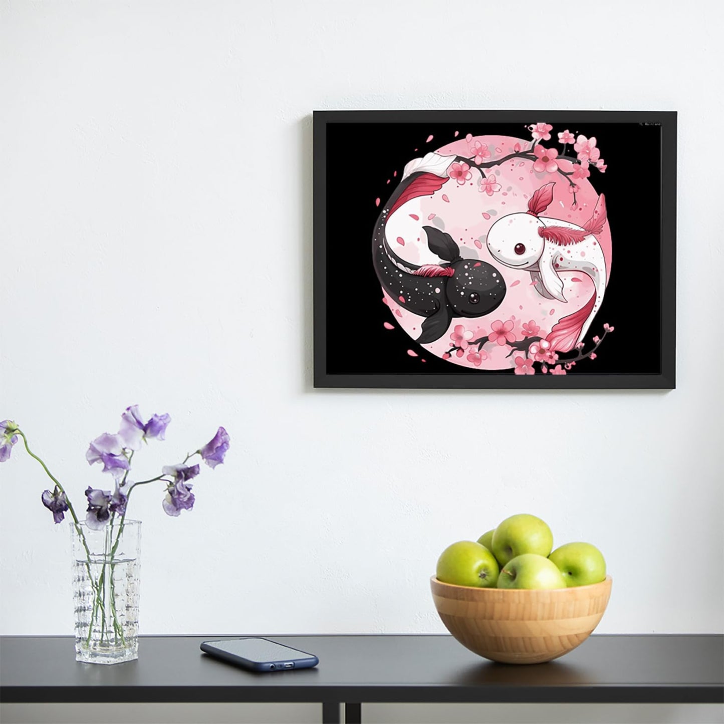 Cute Axolotl Yin and Yang Flowers Diamond Painting Kits for Adults 5D Diamond Art Kit DIY Round Full Drill Art Craft for Home Wall Decor 12x16 inch