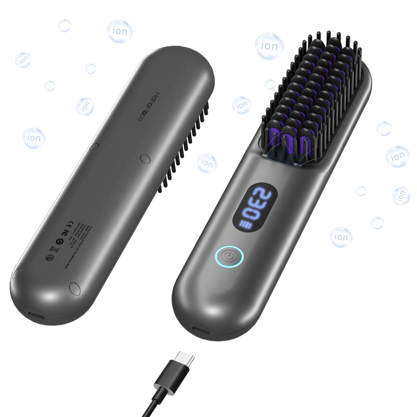 Cordless Hair Straightener Brush-Portable Straightening Comb, 9600mAh Batt, Plasma Tech, 9 Temp-Settings & LED Display, for Travel & Home(Pink)