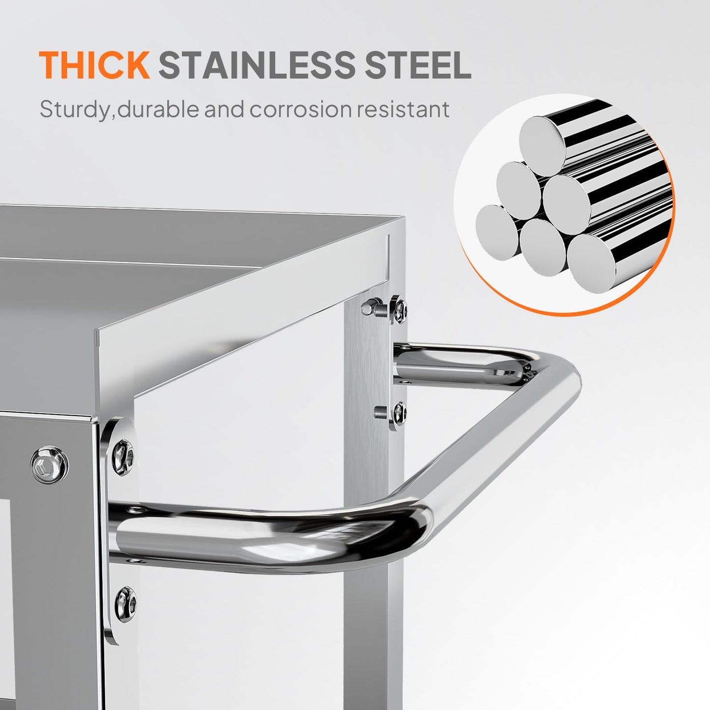 LEADZM 15"L x 24"W x 33"H Utility Rolling Cart on Wheels With Braker, 3-Tier Heavy Duty Commercial Storage Tool Serving Cart With Handle, Stainless Steel for Kitchen Home & Business, Silver