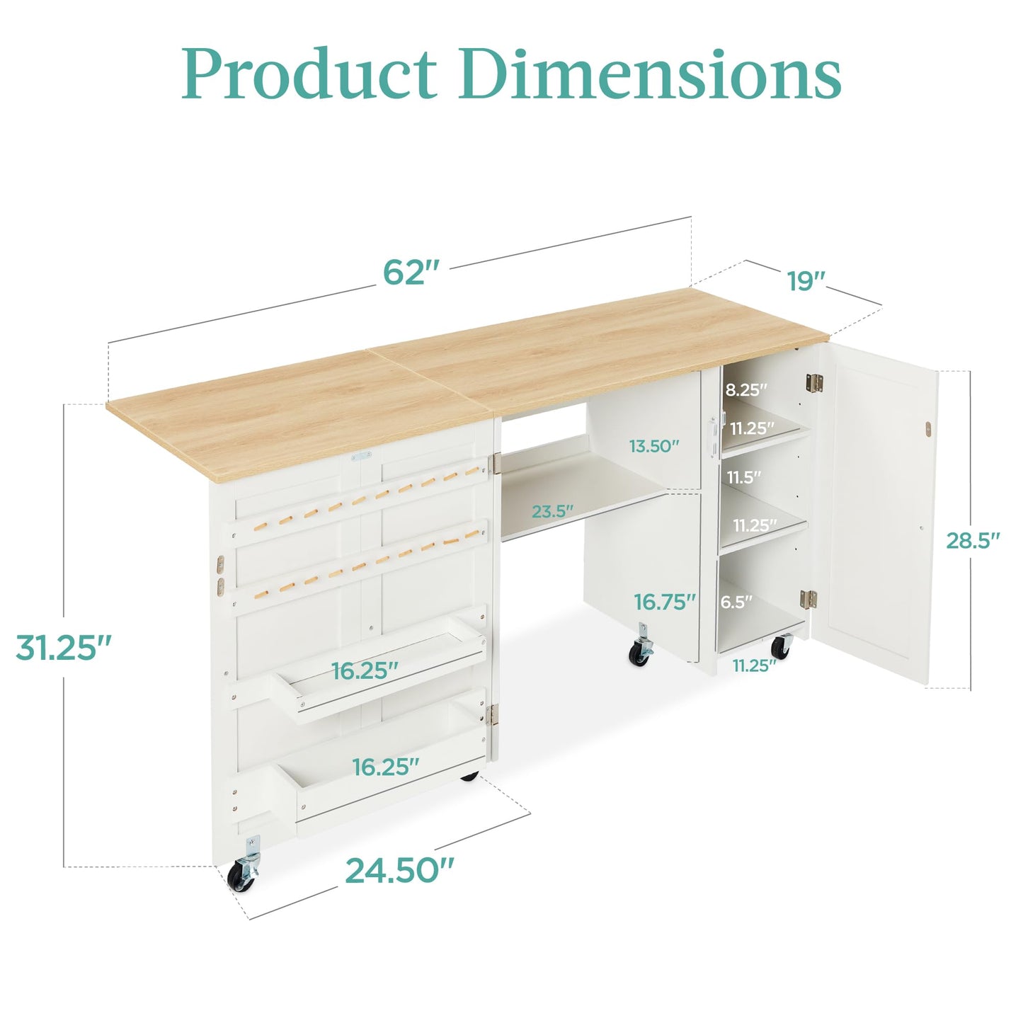 Best Choice Products Large Folding Sewing Table, Multipurpose Portable Craft Station & Side Desk w/Compact Design, Caster Wheels, Storage Shelves, 2 Storage Trays, Magnetic Doors - Natural/White