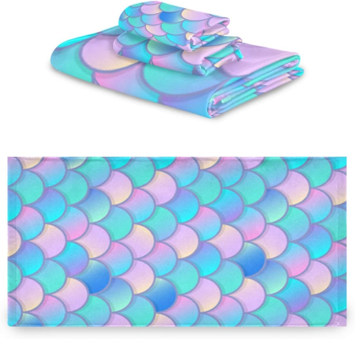 Naanle Set 3 1 Towel+1 Towel+1 Colors Mermaid Scales Pattern Soft Luxury Decorative of Towels, Bath Hand Washcloth