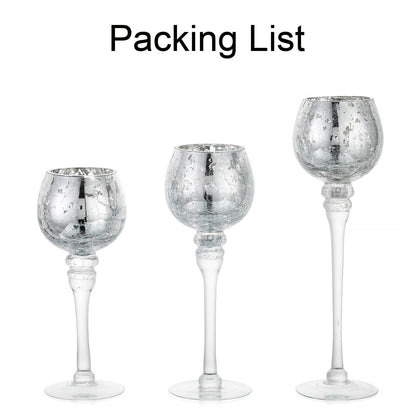 Inweder Glass Tealight Candle Holder: Silver Mercury Votive Holders 9/10/12 Inch Tall Long Setm Floating Candle Holders for Christmas Dining Table Centerpiece Wedding Party Set of 3