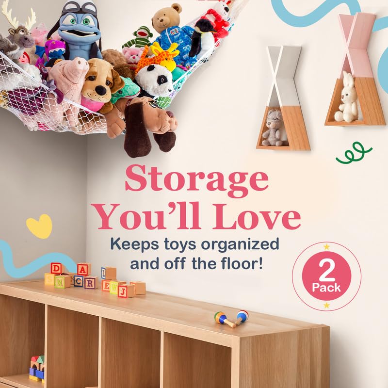 Lilly's Love Stuffed Animal Hammock, 2 Pack | Corner Hanging Organizer, Toy Storage, Stuffed Animal Storage | Easy to Hang Plushie Net w/Anchors & Hooks | Cute Room, Bedroom & Home Decor (White)