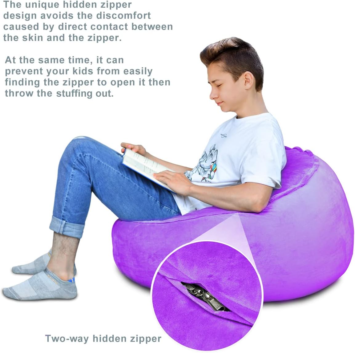 Bean Bag Chair Cover - Stuffed Animal Storage, Plush Toys Organizer, X-Large Round Purple with Handle and Zipper