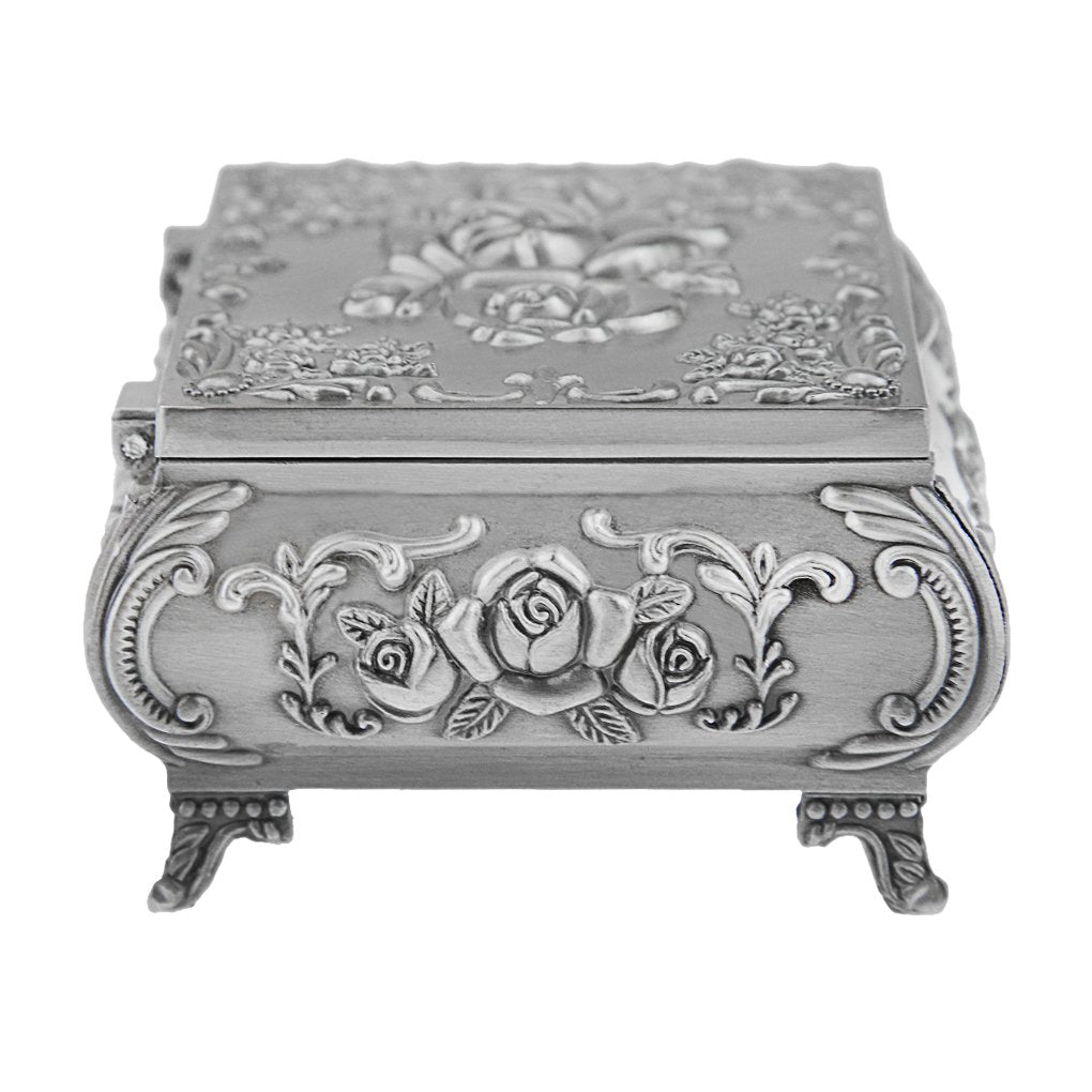 Classic Vintage Antique Tin Rectangle Jewelry Box Treasure Storage Organizer Chest with Rose Pattern