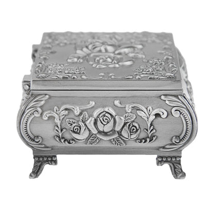 Classic Vintage Antique Tin Rectangle Jewelry Box Treasure Storage Organizer Chest with Rose Pattern