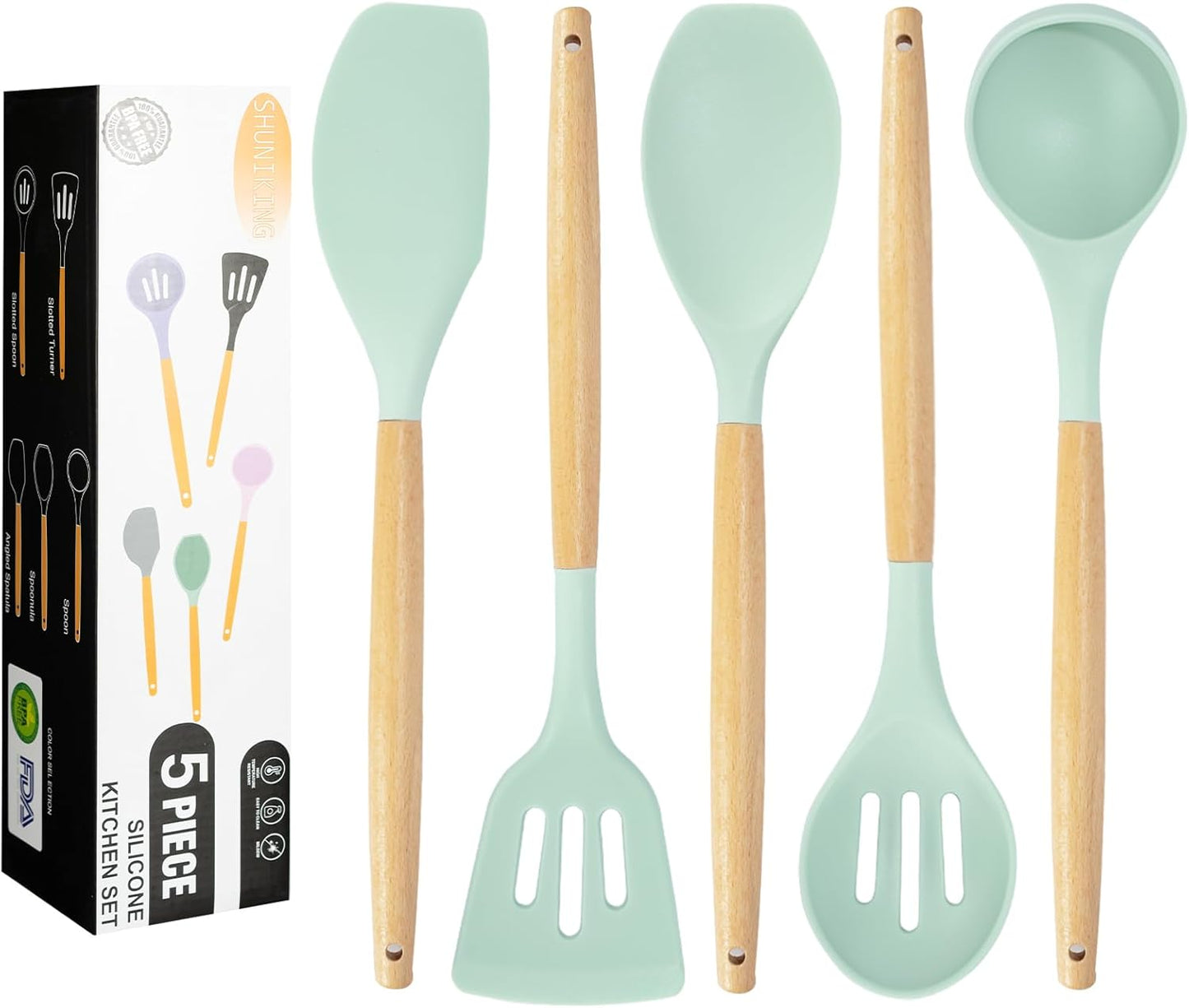 Kitchen Utensils Set, 5 Pcs Non-Stick Silicone Cooking Utensils with Wooden Handle, Heat Resistant Gadgets (Light Green)