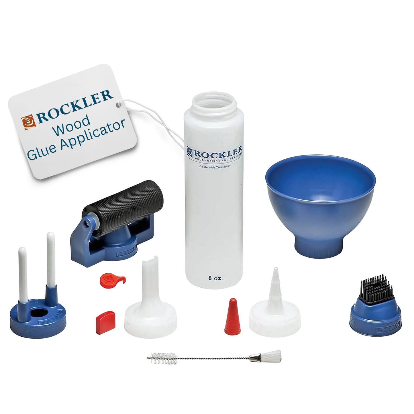 Rockler Wood Glue Applicator Set – Wood Working Glue Bottle (8oz) w/Glue Spout & Red Cap, Glue Line Centering Attachment, Silicone Glue Brush, & More – Easy to Clean Bottle with Brush Applicator