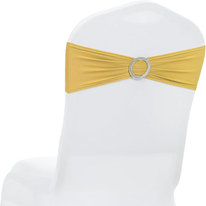 MDS Spandex Chair Sashes - Pack of 150 Elastic Stretch Bows with Buckle Slider for Wedding Decor | Gold