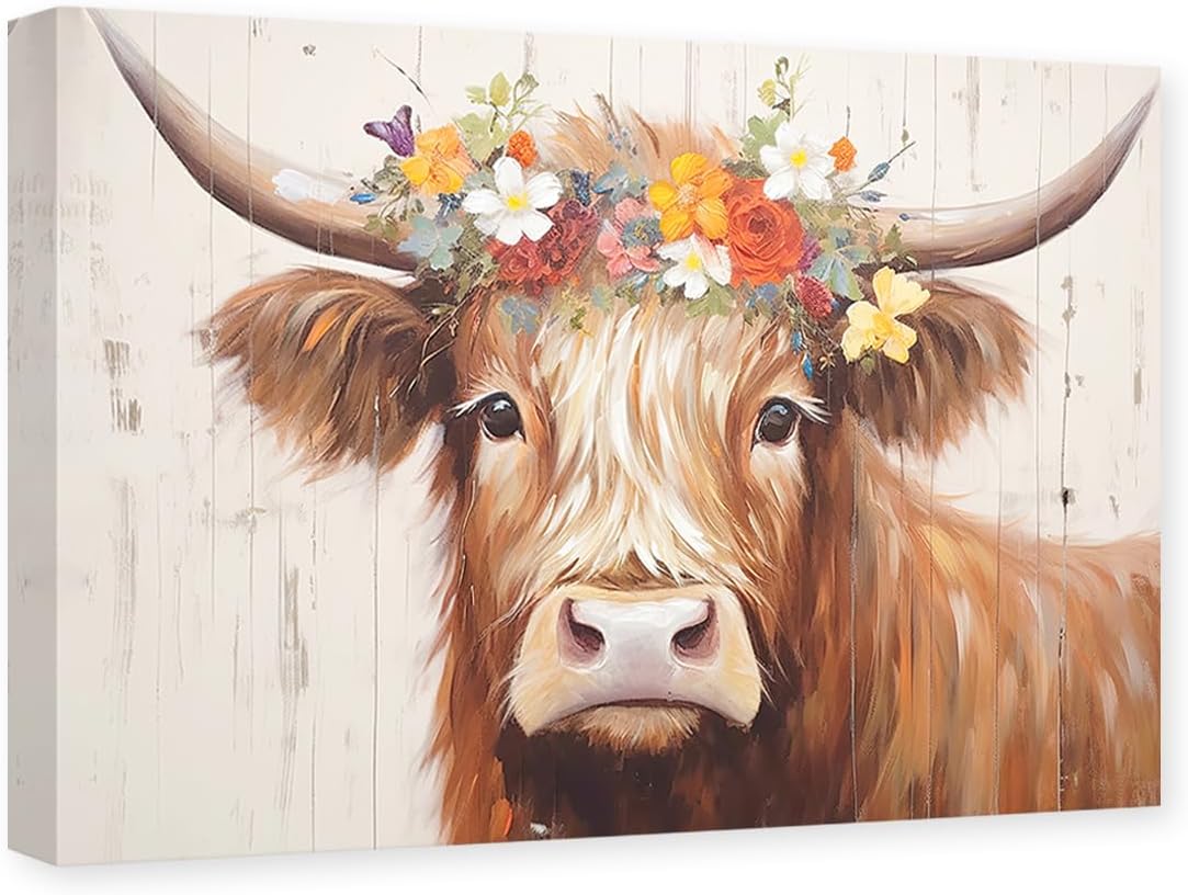 CXHOSTENT Highland Cow Canvas Wall Art - Rustic Animal Painting for Kitchen Decor, 12.00" x 18.00"