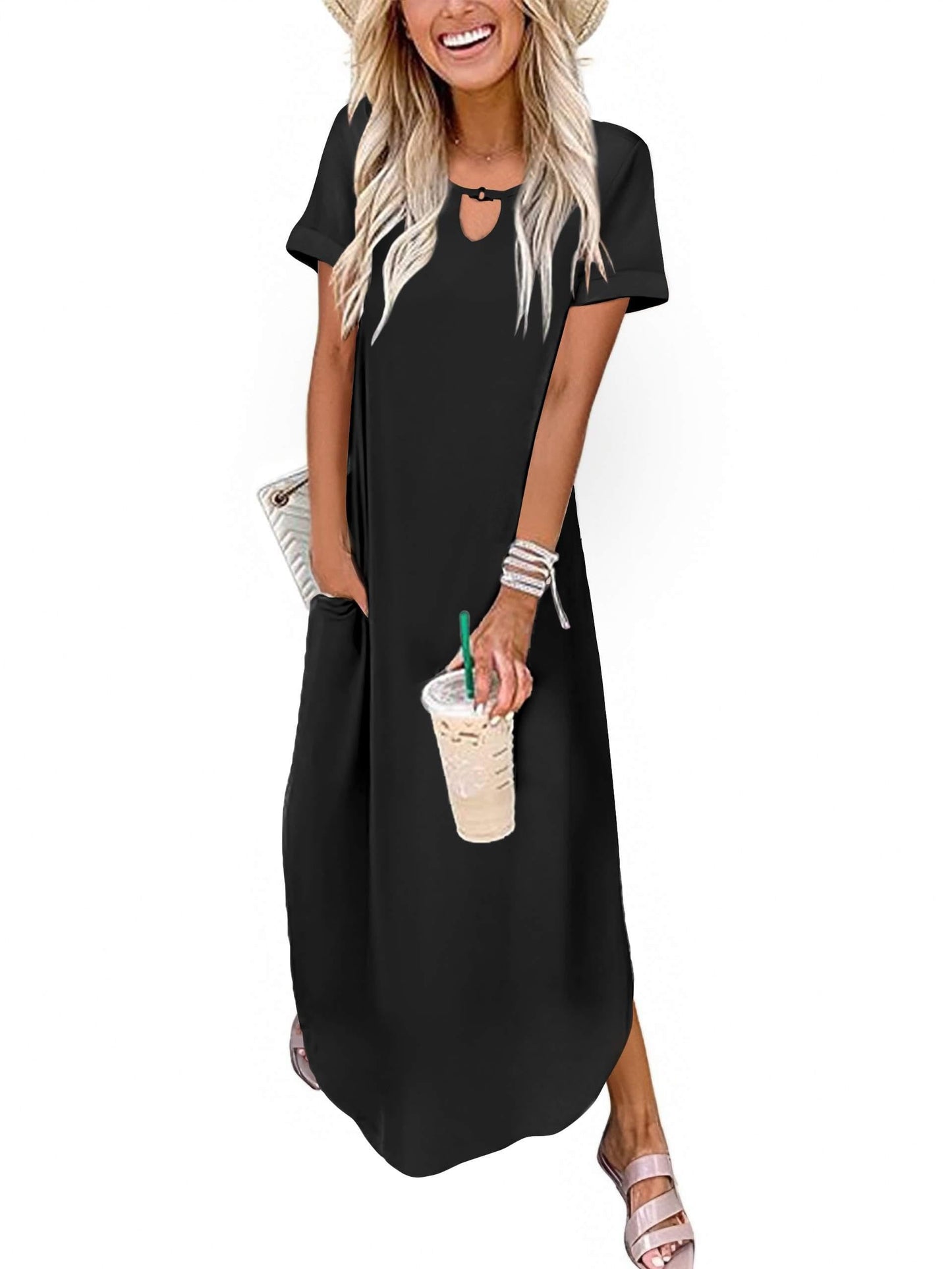 Zeagoo Womens Maxi Summer Dress with Pockets Casual Short Sleeve Sundress Trendy 2025 Curve Hem Long Dresss