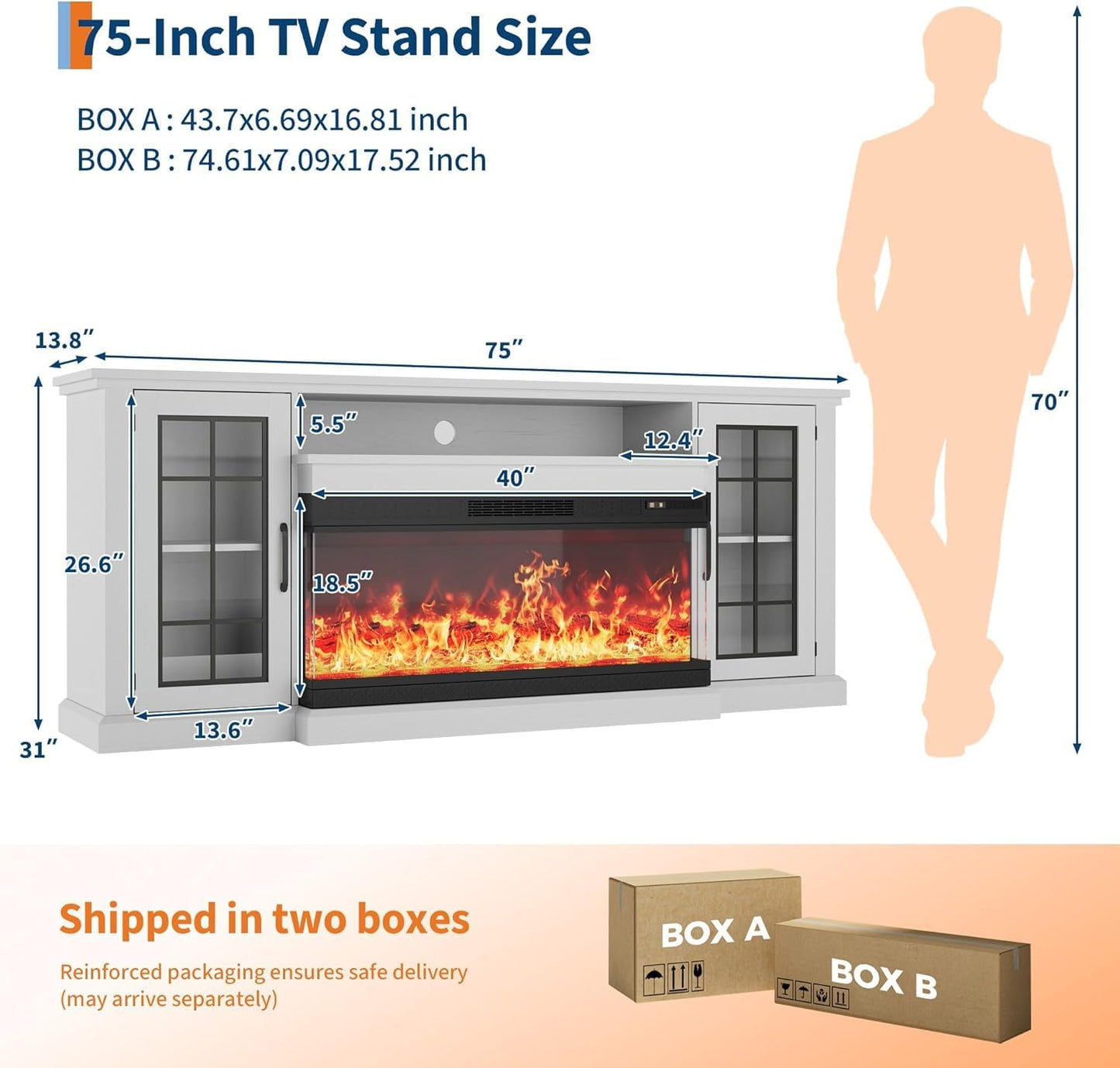 Fireplace TV Stand with 3-Sided Glass, Adjustable LED Flame, 12 Flame and Log Colors, Glass Doors and Storage Shelves, Modern Farmhouse Electric Fireplace Entertainment Center for TVs Up to 85"