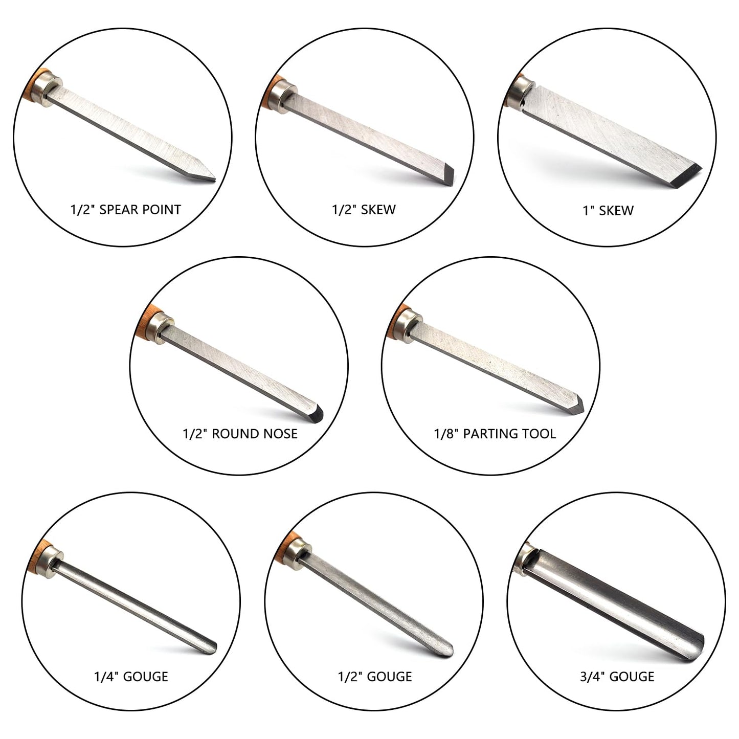 Professional Wood Turning Chisel Lathe Chisel Set with 2 Skew 1 Spear Point 1 Parting 1 Round Nose & 3 Gouge Tools,8 pcs Set, for Wood Job