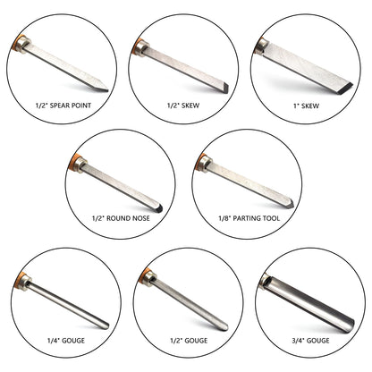 Professional Wood Turning Chisel Lathe Chisel Set with 2 Skew 1 Spear Point 1 Parting 1 Round Nose & 3 Gouge Tools,8 pcs Set, for Wood Job
