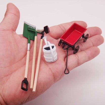 Fayelume Miniature Garden Tools, 5 Pcs of Garden Scene Model Mini Garden Tools, Doll House 1/12 Scale Accessories, Spade Pestle Rake Cart and Kettle for Doll House Garden Decor Accessories