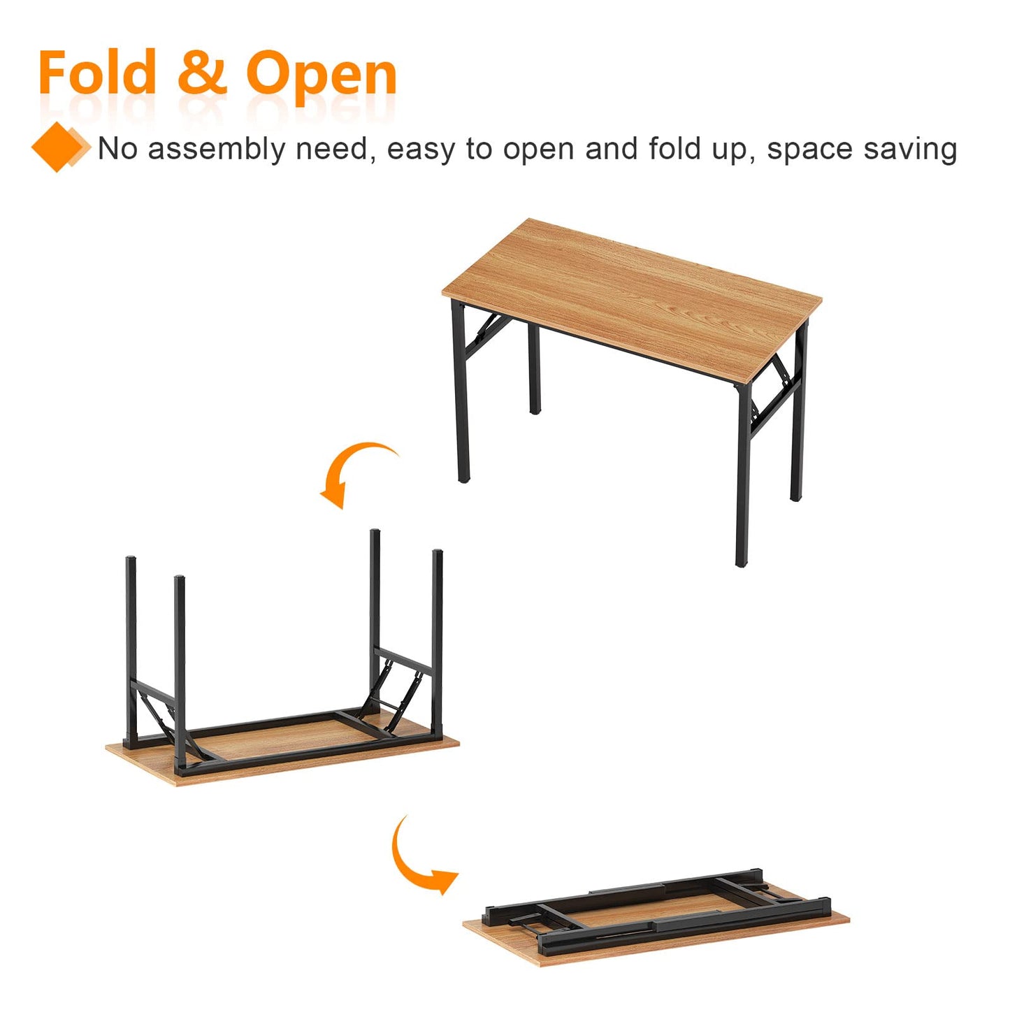 Need 31.5 Inch Folding Desk for Small Spaces, Home Office Computer Desk with Teak Wood Top & Black Frame, Foldable Writing Table for Study, Bedroom, Dorm Room & Student