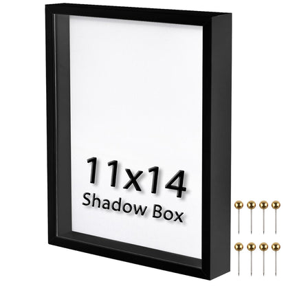 11x14 Shadow Box Frame | Soft Linen Back & Push Pins Included, Polystyrene Glass Memory Display Case for Flowers, Tickets & Cherished 3D Items, Black