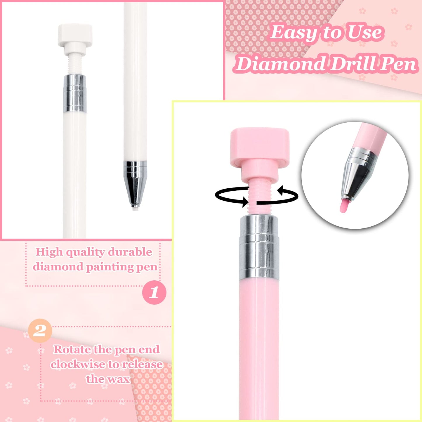 ZYNERY 34 Pcs Diamond Painting Pens Kit, 2 Pcs Refillable Wax Pen with 32 Pcs Wax, Rotating Glue Point Drill Pen for Nail Art, Diamond Art Accessories and Tools, Quickly Pick Up Beads Gem (Pink&White)