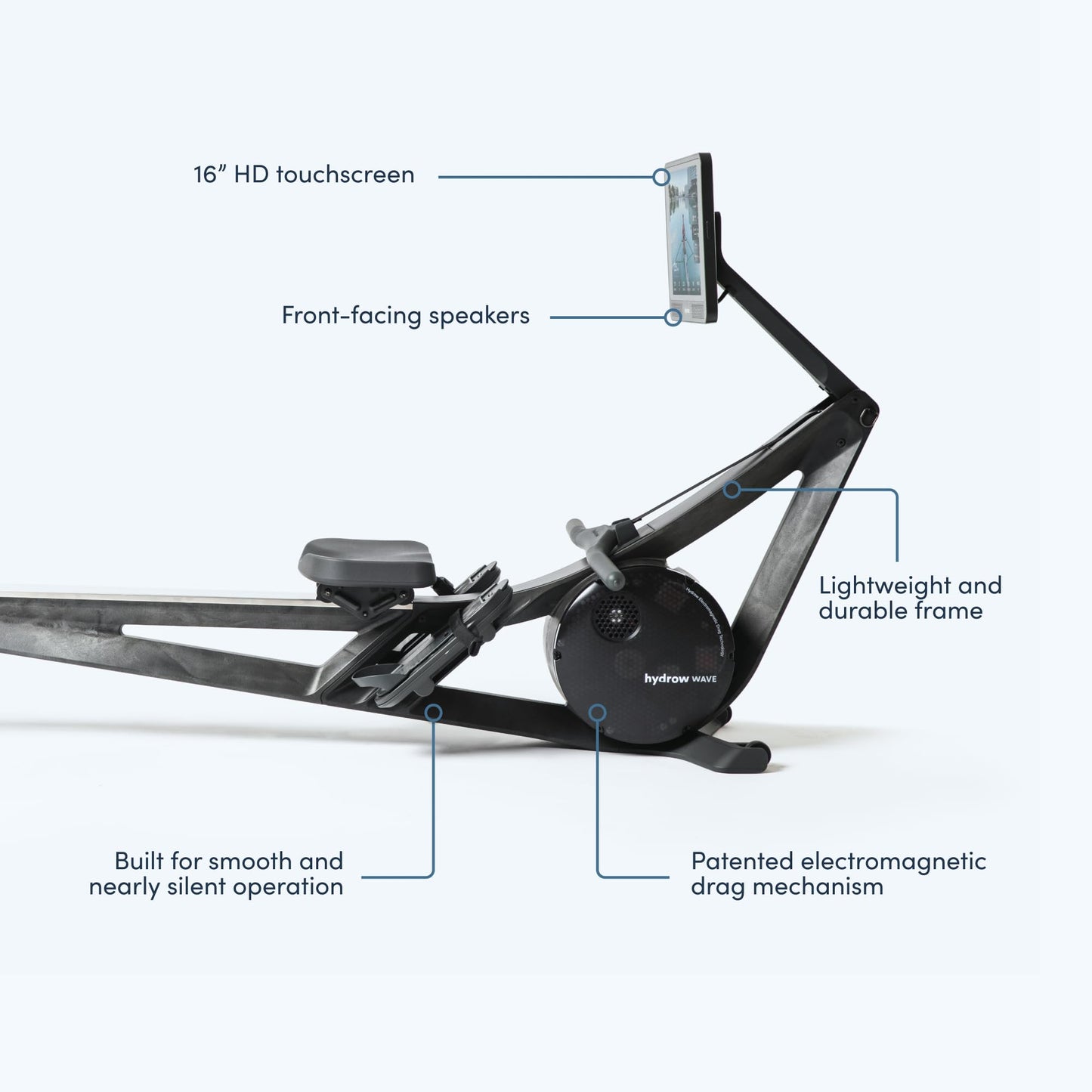 Hydrow Wave Rowing Machine with Immersive 16'' HD Touchscreen - Live Home Workouts Membership (Sold Separately), Electromagnetic Drag Technology, 375 lb Weight Capacity, Pirate Black (MNRW02A)
