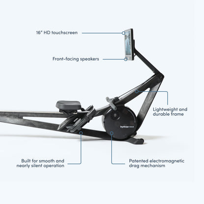 Hydrow Wave Rowing Machine with Immersive 16'' HD Touchscreen - Live Home Workouts Membership (Sold Separately), Electromagnetic Drag Technology, 375 lb Weight Capacity, Pirate Black (MNRW02A)