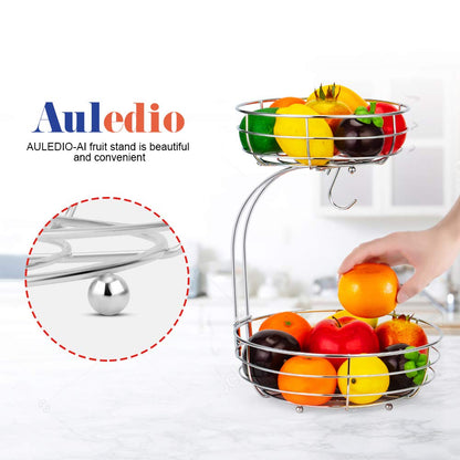 Auledio Iron 2-Tier Countertop Fruit Vegetables Basket Bowl Storage With Banana Hanger, Black, 64 ounces